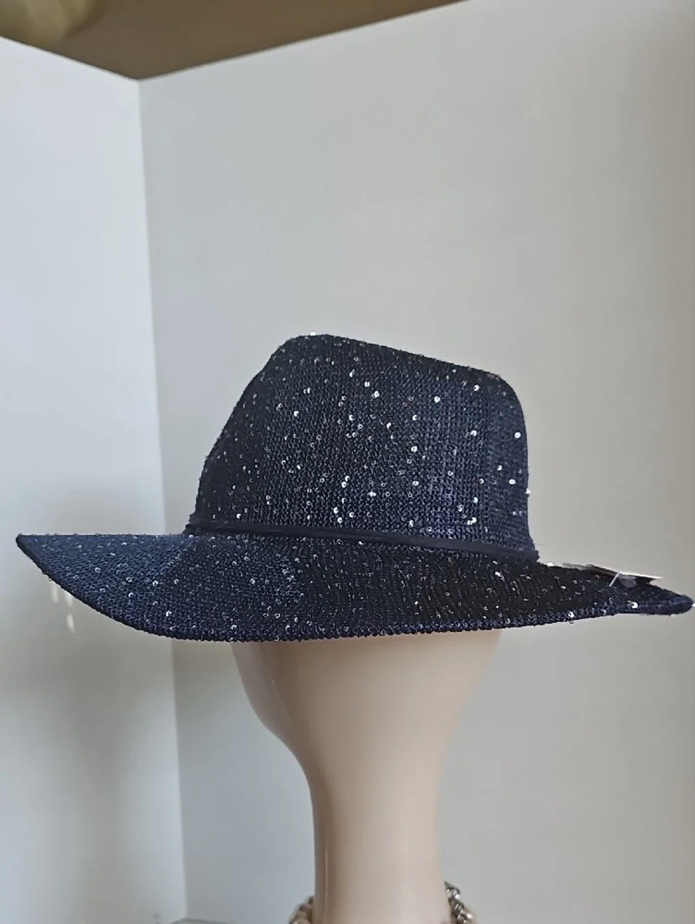 Beloved Millinery Sparkling Wide-Brim Panama Style Fedora Hat - Navy Blue